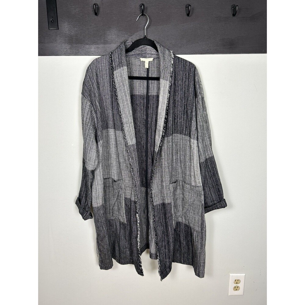 Eileen Fisher Color-Block Shawl Duster Jacket Black Open Front Long Sleeve OS